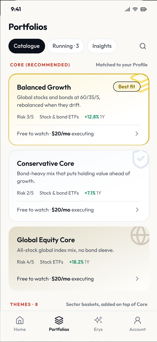 Cevest Portfolios catalogue: Balanced Growth marked Best fit at 60/35/5 stocks and bonds, plus Conservative Core and Global Equity Core, each free to watch and $20/mo to execute