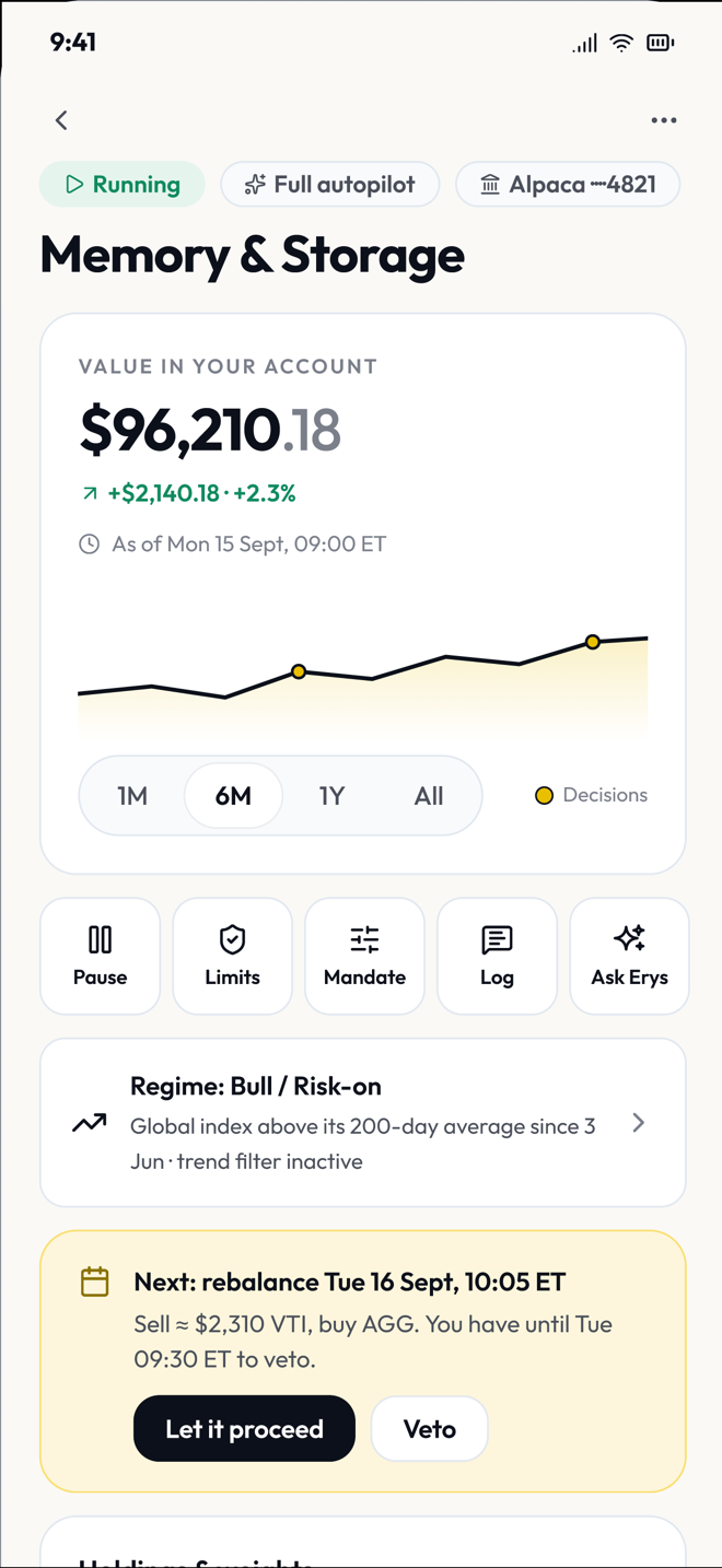 Portfolio detail: Memory & Storage, running on Full autopilot, value in your account, Regime Bull / Risk-on, next rebalance with Let it proceed and Veto